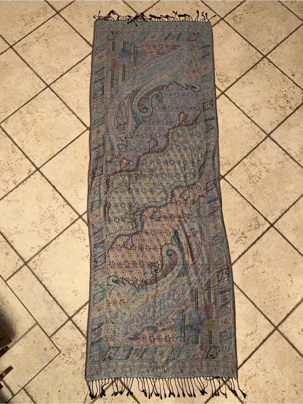 pashmina Teal, Purple & Black Paisley Woven Shawl with Fringe